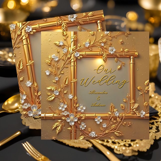 Convites Casamento Elegante Dourado Floral Bambu Elite Dour (Criador carregado)