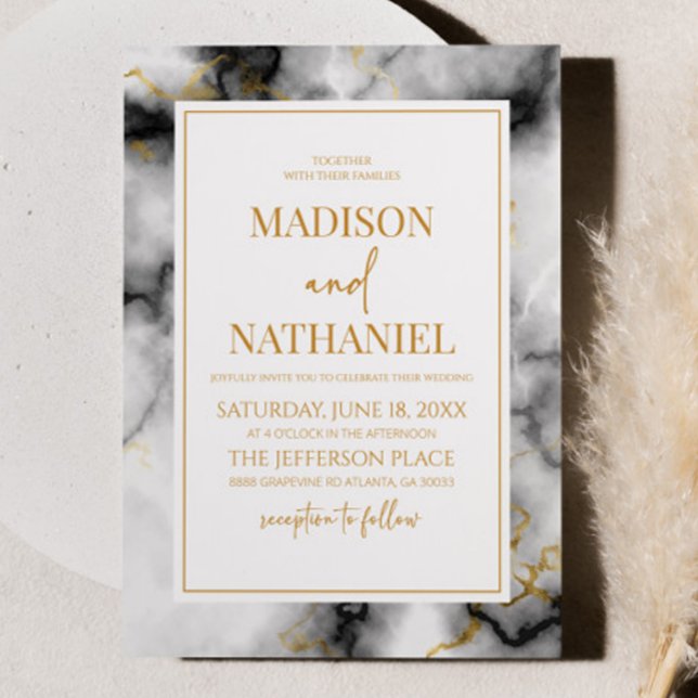 Convites Casamento Elegante Dourado Marble Branco Negro (Criador carregado)
