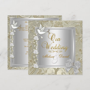 Convites Casamento Elegante Dourado Prata Branco Damasco Po