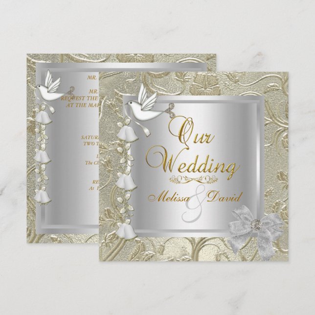 Convites Casamento Elegante Dourado Prata Branco Pombo (Frente/Verso)