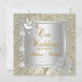 Convites Casamento Elegante Dourado Prata Branco Pombo
