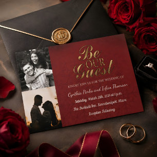 Convites Casamento Elegante Dourado Preto e Vermelho com 2 
