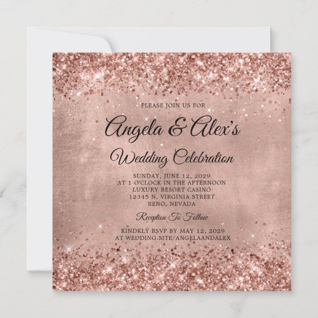 Convites Casamento Elegante Dourado Rosa Espelhante (Frente)