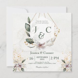 Convites Casamento Elegante Dourado Verde