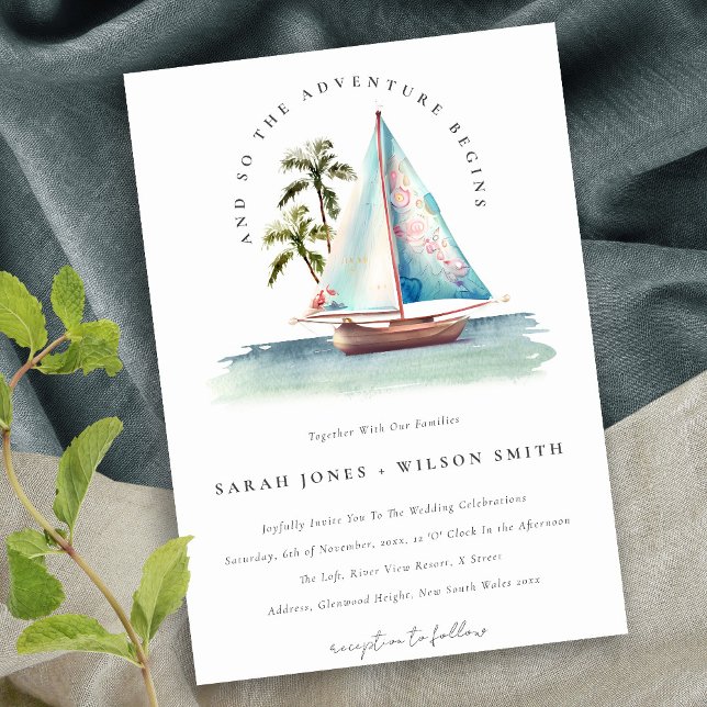 Convites Casamento Elegante Dusky Teal Sailboat Palm Seasca (Criador carregado)