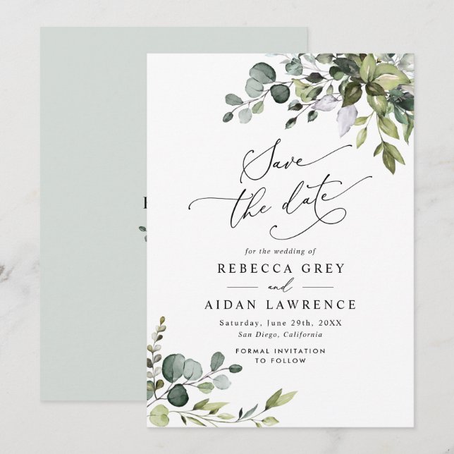 Convites Casamento Elegante Dusty Blue Greenery Salvar a Da (Frente/Verso)