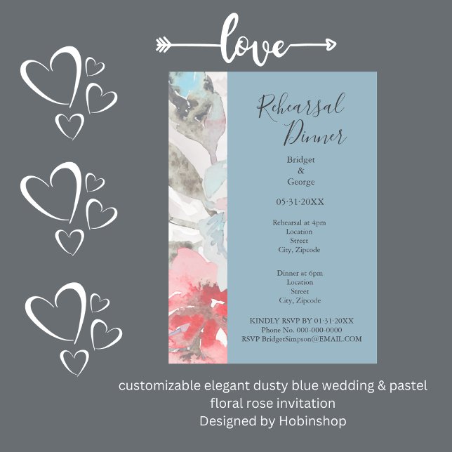 Convites casamento elegante e azul e rosa floral pastel (ustomizable elegant dusty blue wedding & pastel floral rose invitation
Designed by Hobinshop)