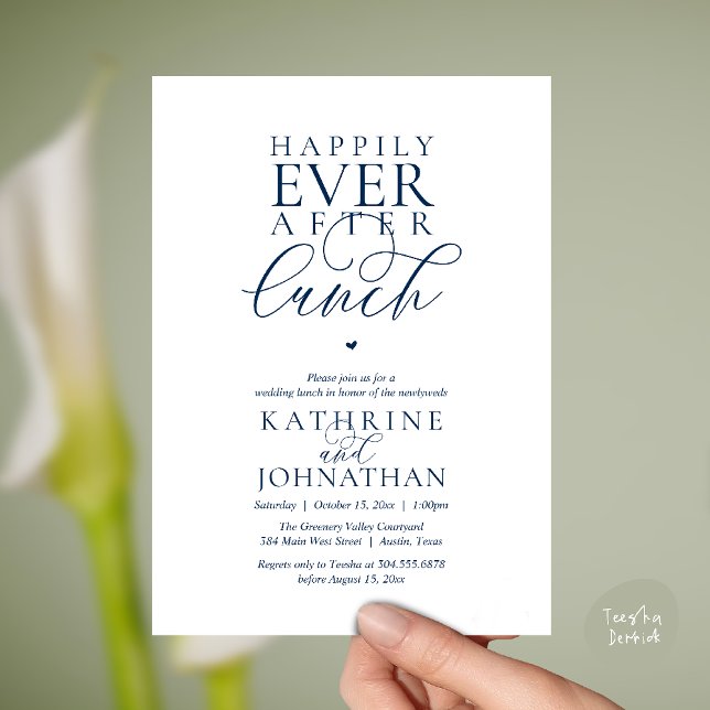 Convites Casamento Elegante e Intimo após o Almoço (Happily Ever After Lunch Classy Wedding Elopement Invitation card in navy blue)