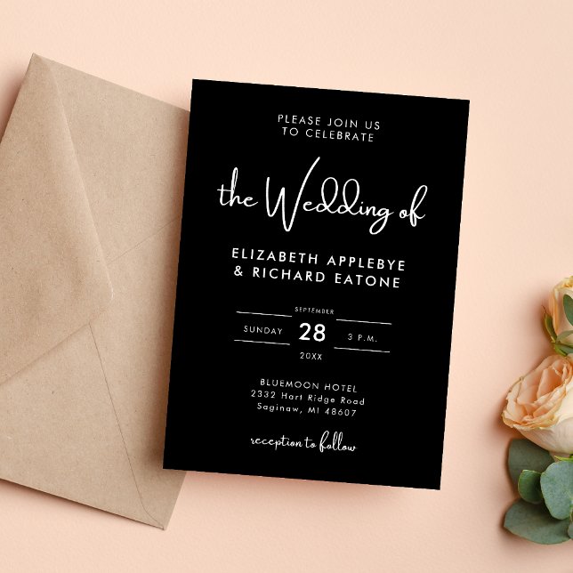 Convites Casamento Elegante e Moderno em Preto e Branco (Elegant modern black and white wedding invitation sets a timeless tone for your big day)