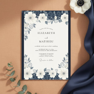Convites Casamento Elegante e Ornate Azul Marinho