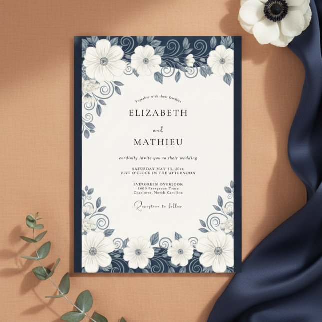 Convites Casamento Elegante e Ornate Azul Marinho (Criador carregado)