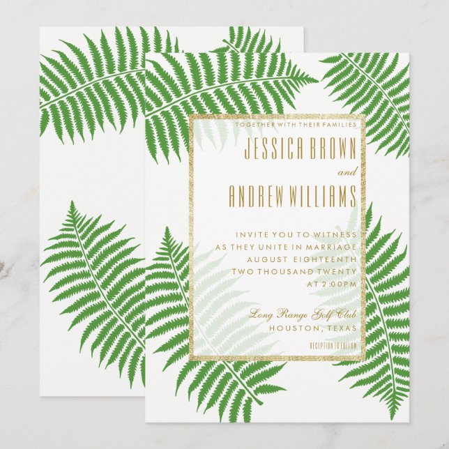 Convites Casamento Elegante e Sofisticado com Samambaia (Frente/Verso)
