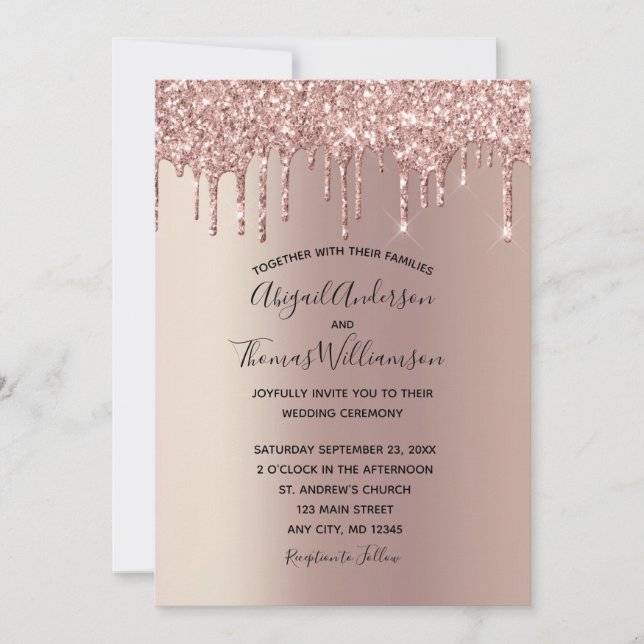 Convites Casamento Elegante e Tendência Drip Glitter Rosa D (Frente)