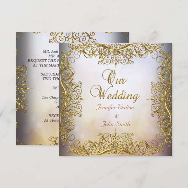 Convites Casamento Elegante Elite Bege Dourado (Frente/Verso)