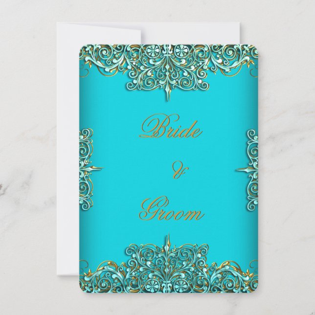 Convites Casamento Elegante Elite Ornate Azul Turquesa Dour (Frente)