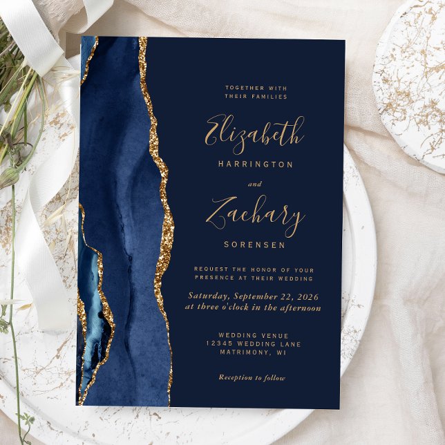 Convites Casamento Elegante em Azul Naval com Ágata Dourada (The perfect choice for a navy blue and gold themed wedding.)