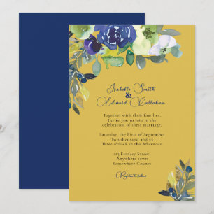 Convites Casamento Elegante em Azul Naval com Floral Aguare