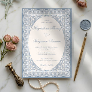 Convites Casamento Elegante em Azul Poeirento e Renda Ivory