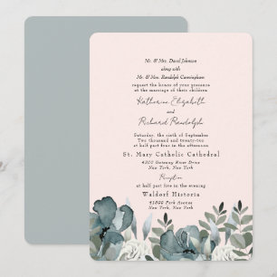 Convites Casamento Elegante em Azul Poeirento Floral e Blus