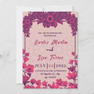 Convites Casamento elegante em bege, flores rosa