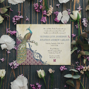 Convites Casamento Elegante em Damasco com Pavão Azul e Ber