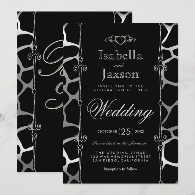 Convites Casamento Elegante em Girafa com Listras Prateadas (Frente/Verso)
