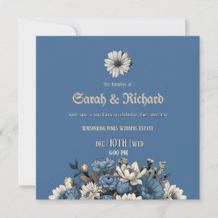 Convites Casamento Elegante em Jeans e Floral Azul Marinho