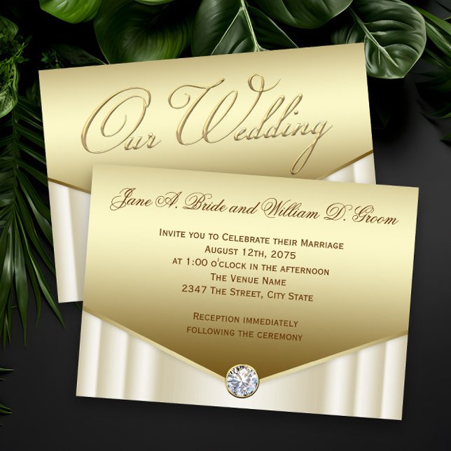 Convites Casamento Elegante em Marfim e Ouro com Redemoinho (Elegant gold diamond wedding invitations.)