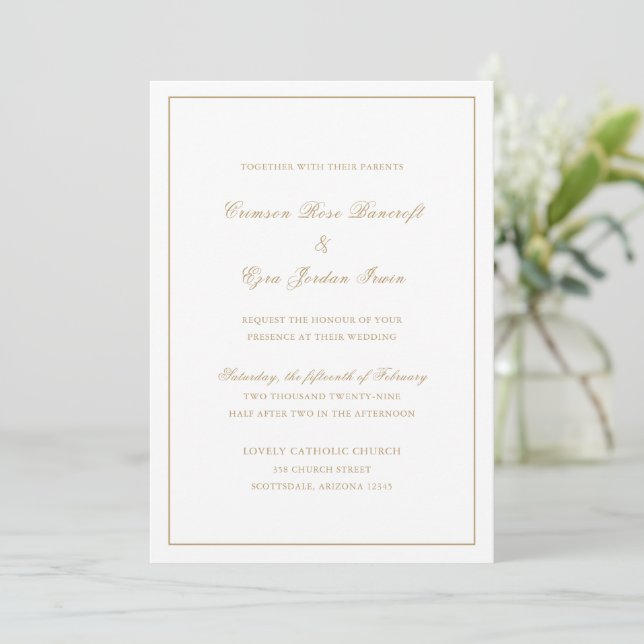 Convites Casamento Elegante em Ouro Vintage (Em pé/Frente)