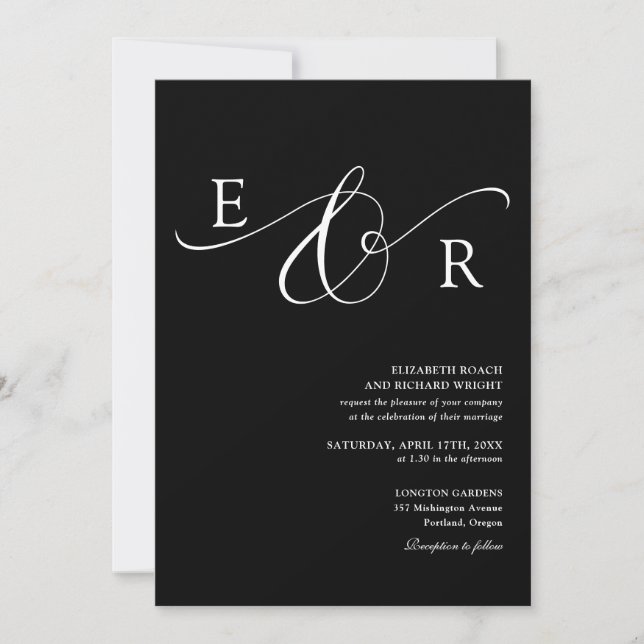 Convites Casamento Elegante em Preto e Branco com Monograma (Frente)