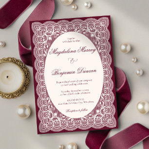 Convites Casamento Elegante em Renda Marfim e Burgundy Vint