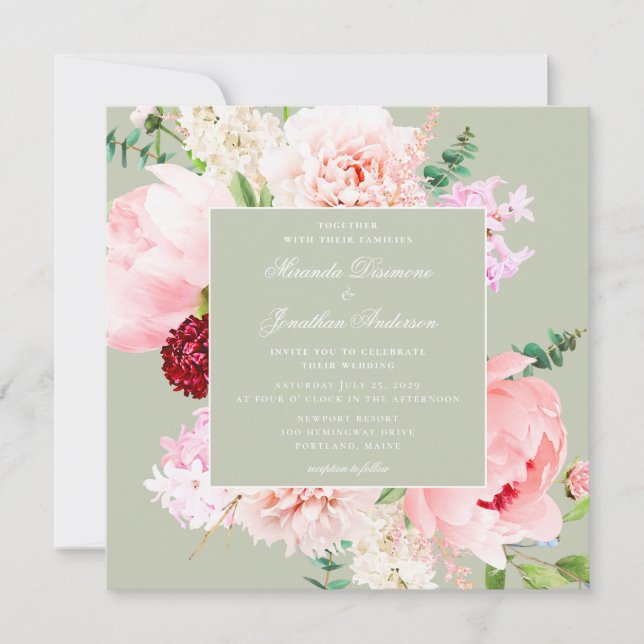 Convites Casamento Elegante em Tons de Verde Salvia com Flo (Frente)