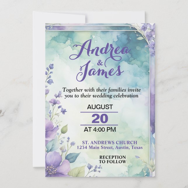 Convites Casamento Elegante em Tons Pastéis de Lavanda e Ve (Frente)
