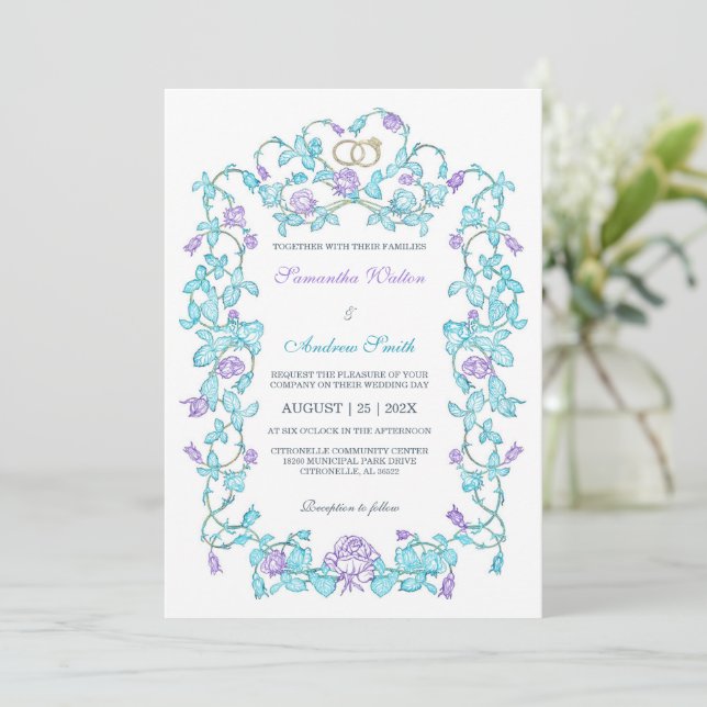 Convites Casamento Elegante em Verde-Azul e Roxo (Em pé/Frente)