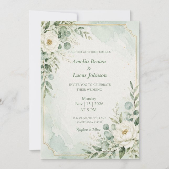 Convites Casamento Elegante em Verde Menta (Frente)