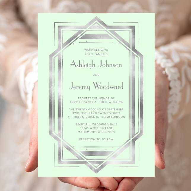 Convites Casamento Elegante em Verde Menta e Prata no Estil (Criador carregado)