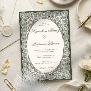Convites Casamento Elegante em Verde Oliva com Renda Ivory