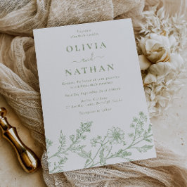 Convites Casamento Elegante em Verde Sage com Arte de Linha