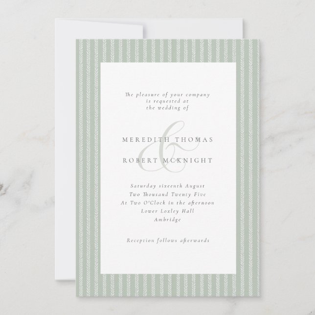 Convites Casamento Elegante em Verde Sage e Listras Brancas (Frente)