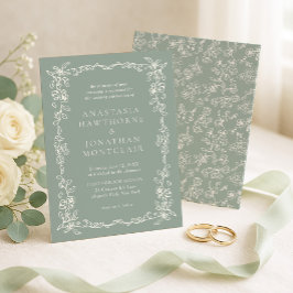 Convites Casamento Elegante em Verde Sage Vitoriano Vintage