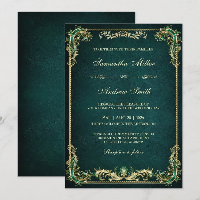 Convites Casamento Elegante Esmeralda e Dourado (Frente/Verso)