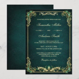Convites Casamento Elegante Esmeralda e Dourado