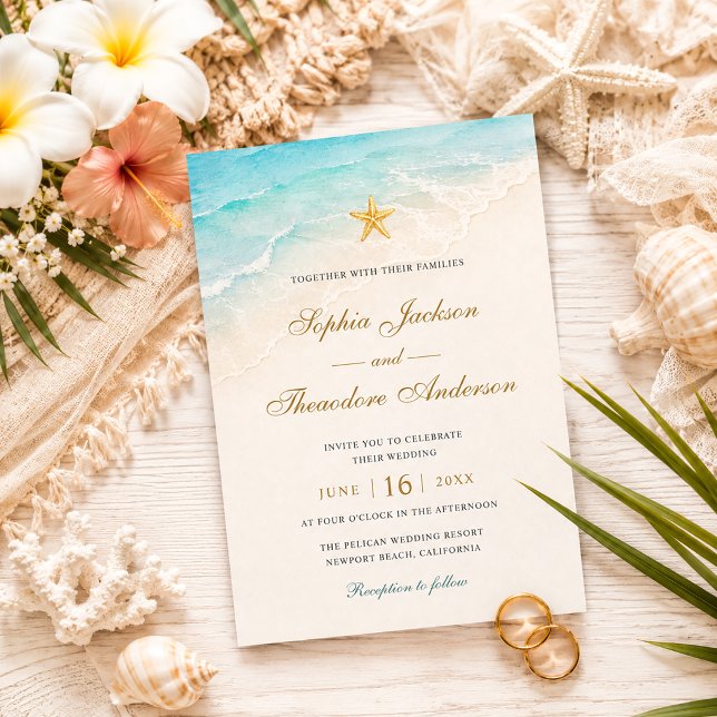 Convites Casamento Elegante Estrela-do-Mar Oceano Azul (Criador carregado)