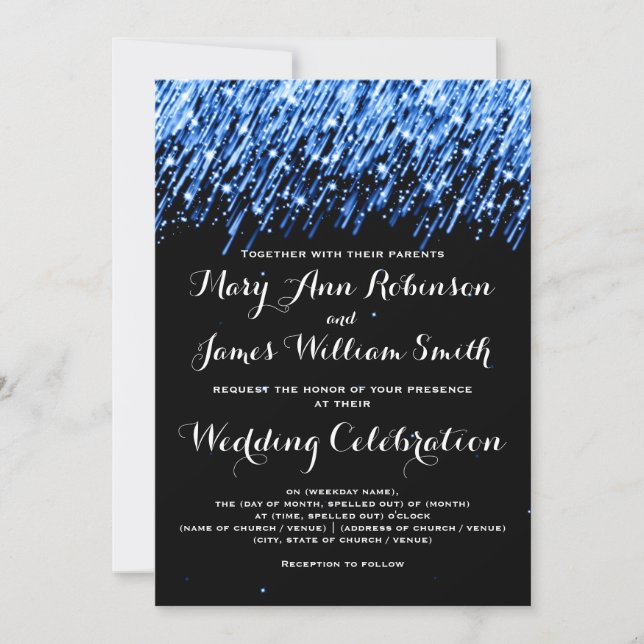 Convites Casamento Elegante Estrelas Cadentes Safira Azul (Frente)