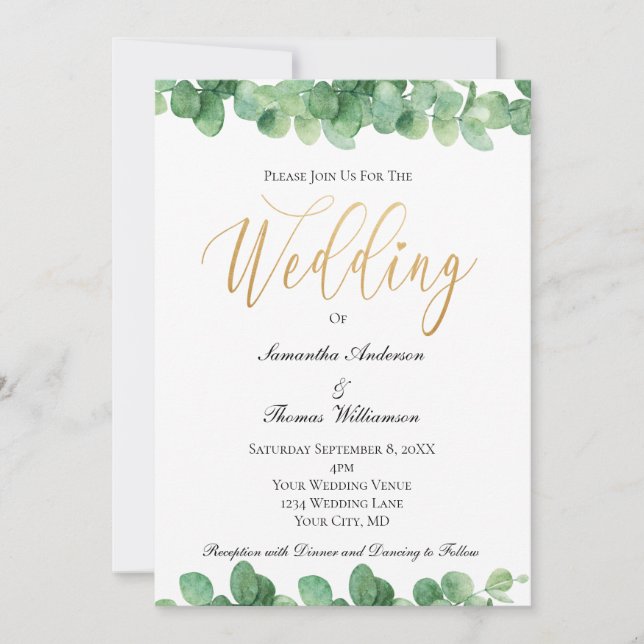 Convites Casamento Elegante Eucalipto Verde Dourado Script (Frente)