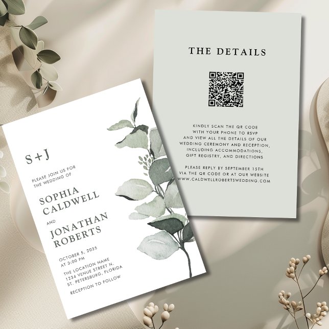Convites Casamento Elegante Eucalyptus Código QR (Elegant Eucalyptus QR Code Sage Wedding Invitation)