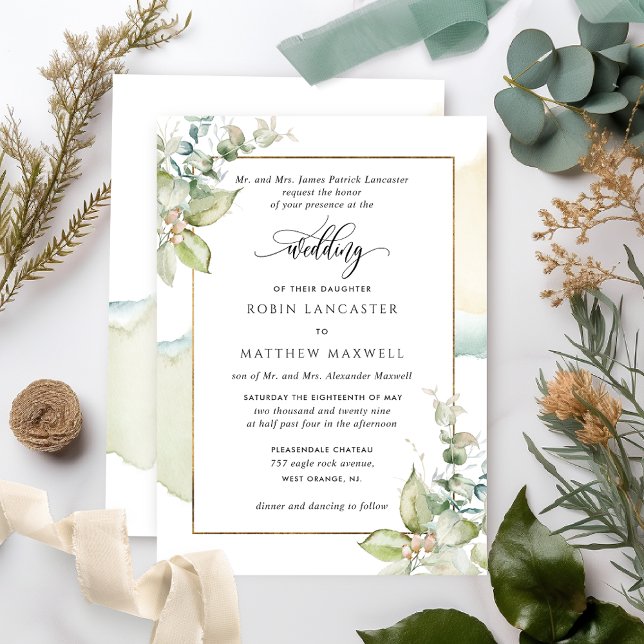 Convites Casamento Elegante Eucalyptus com Aquarela e Verde (Criador carregado)