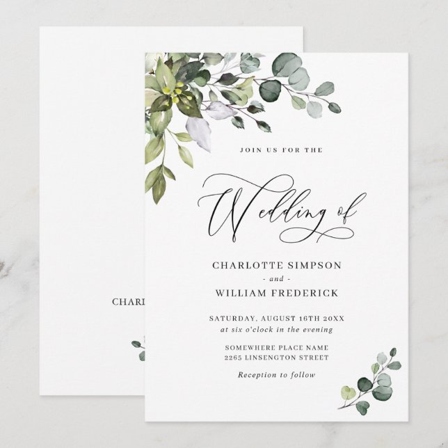 Convites Casamento Elegante Eucalyptus Greenery (Frente/Verso)