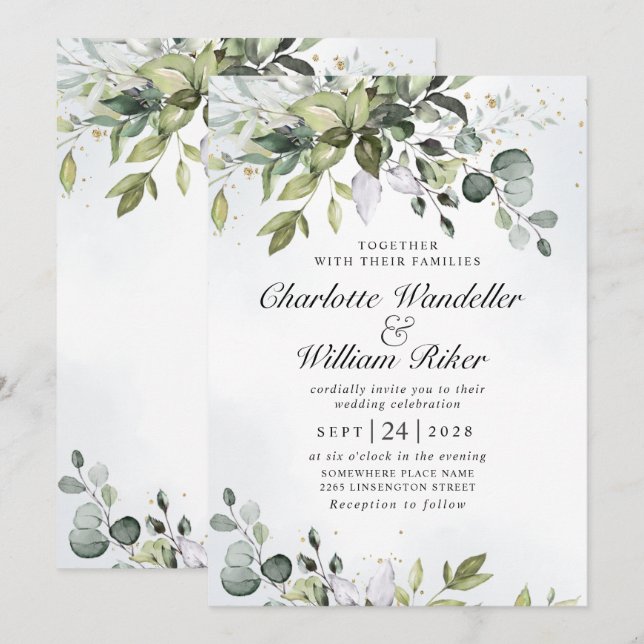 Convites Casamento Elegante Eucalyptus Greenery (Frente/Verso)