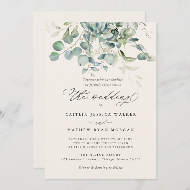 Convites Casamento Elegante Eucalyptus Greenery (Frente/Verso)